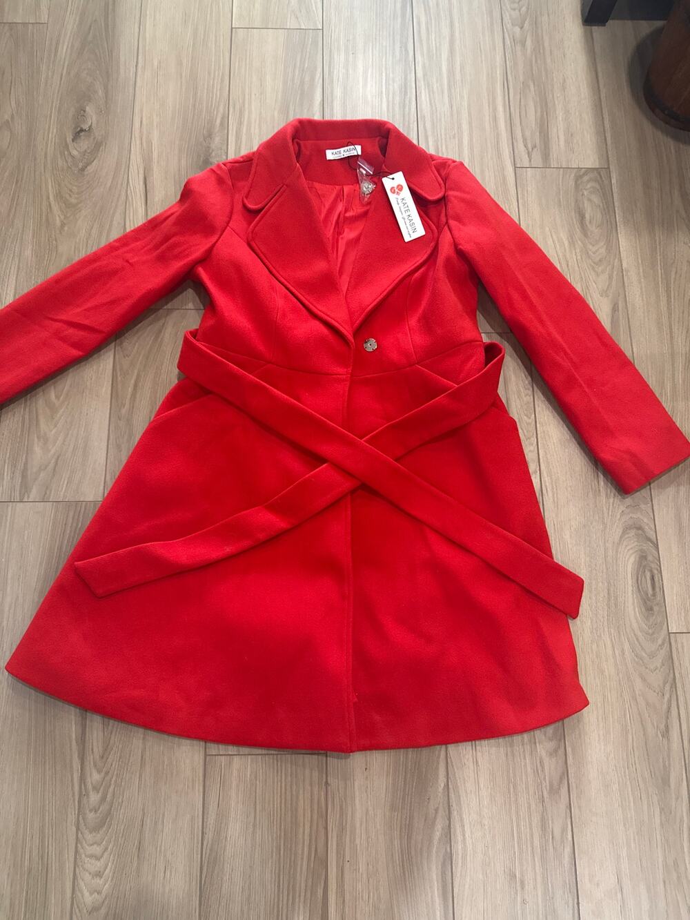 NEW Kate Kasin Women A Line Peacoat Dress Coat Belted Notch Lapel Overcoat